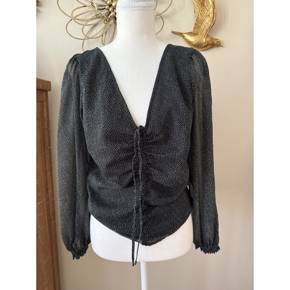 Abercrombie & Fitch Ruched Blouse Black White Polka Dot Puff Sleeve Medium